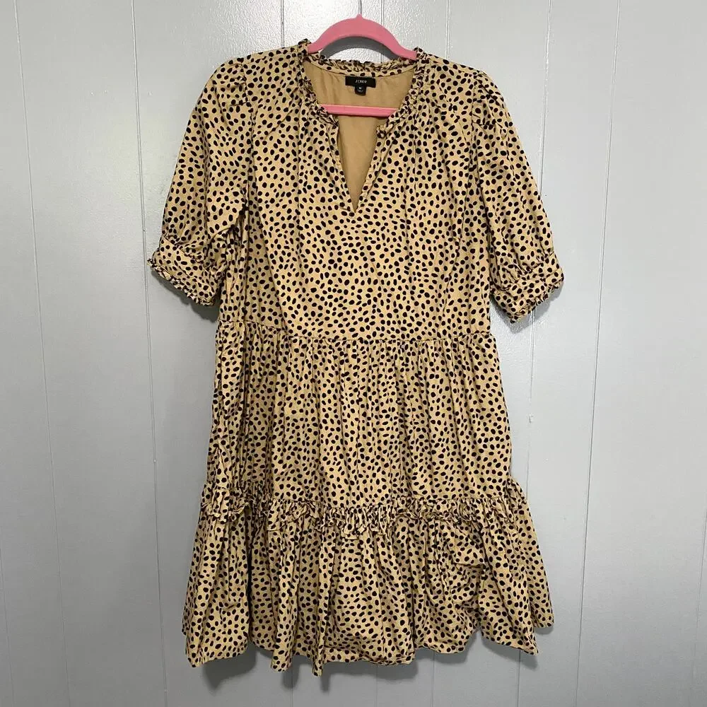 J. Crew Tan Leopard Dot Ruffle Neck Tiered Popover Relaxed Fit Preppy Dress M